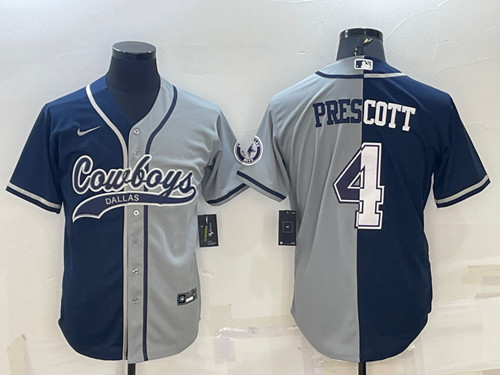 Men's Dallas Cowboys #4 Dak Prescott Navy/Gray Split With Patch Cool Base Stitched Baseball Jersey - Click Image to Close